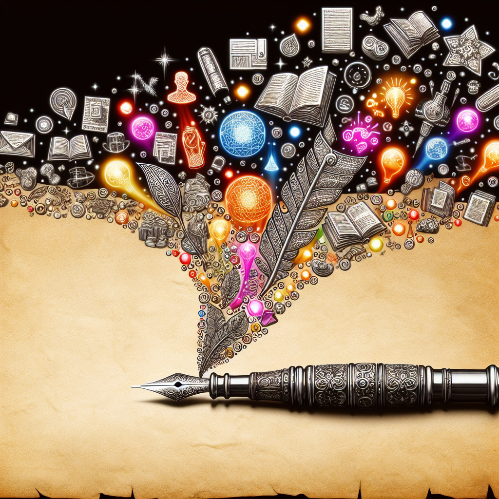 A pen crafting a story with various content elements floating around.